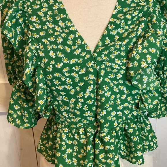 Wayf Green Floral Wraparound Dainty Ruffled Blouse - Picture 2 of 8